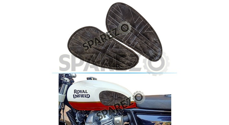 Customized Royal Enfield Interceptor 650cc Leather Knee Pad Pair Union Jack Rusty Grey D8 - SPAREZO